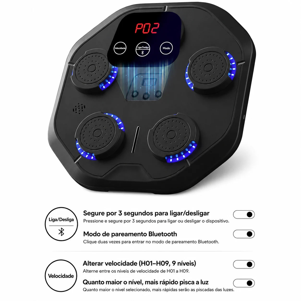 Treinador de Boxe Musical Inteligente com LED e Sensor de Reflexo